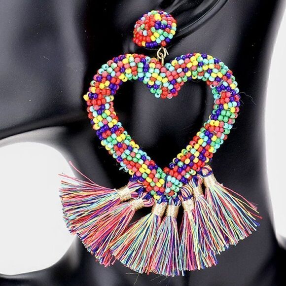 Seed Bead Heart Multi Tassel Earrings - Picture 2 of 5